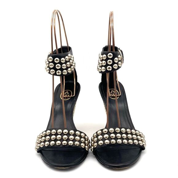 ASH Gold Studded Black Leather Ankle Cuff Heeled Strappy Sandals Size 38 | US 7 - Picture 10 of 16